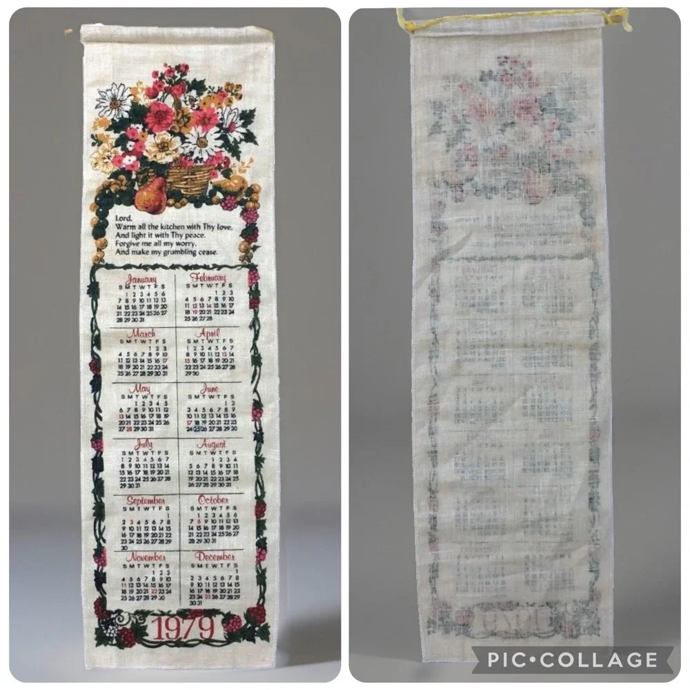 Vintage 1979 Linen Wall Calendar Floral Kitchen Prayer Hanging Tea Towel Retro